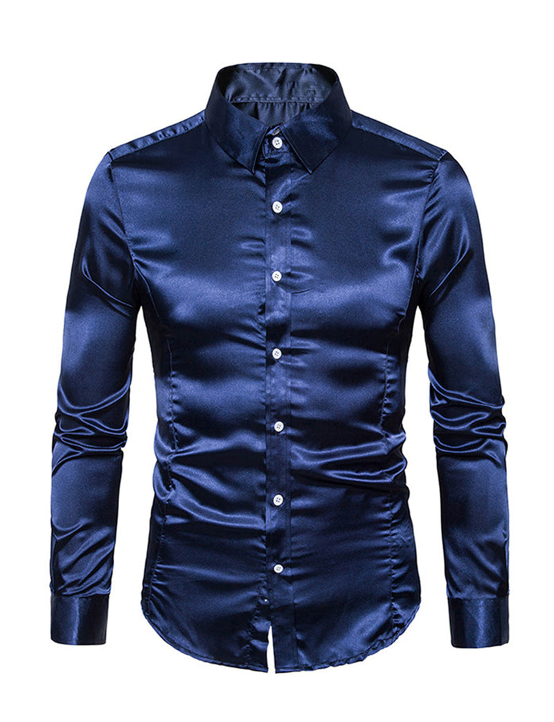 Men's Satin Smooth Button Up Tuxedo Long Sleeve Party Dress Shirt