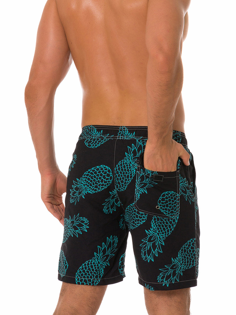 Men's Summer Pineapple Fruit Print Black Beach Shorts Swimming Trunks