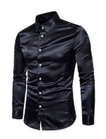Men's Satin Smooth Button Up Tuxedo Long Sleeve Party Dress Shirt