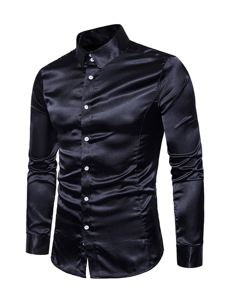 Men's Satin Smooth Button Up Tuxedo Long Sleeve Party Dress Shirt