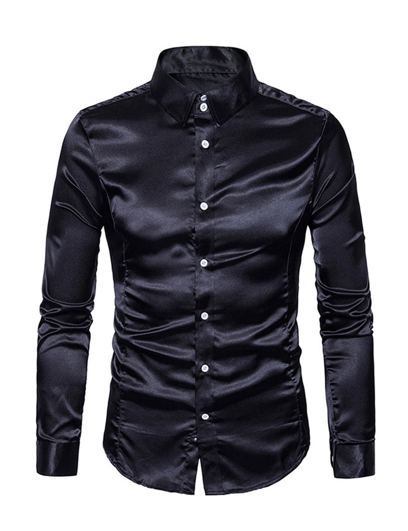 Men's Satin Smooth Button Up Tuxedo Long Sleeve Party Dress Shirt