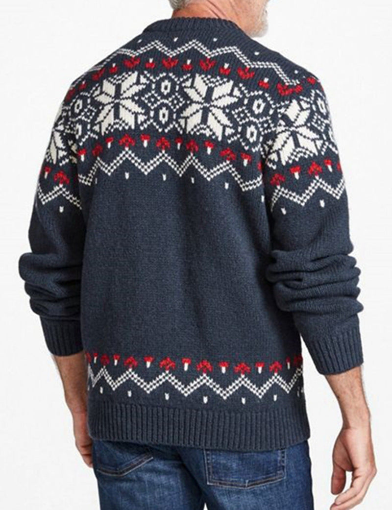 Men's Round Neck Navy Blue Snowflake Christmas Vintage Casual Long Sleeve Sweater