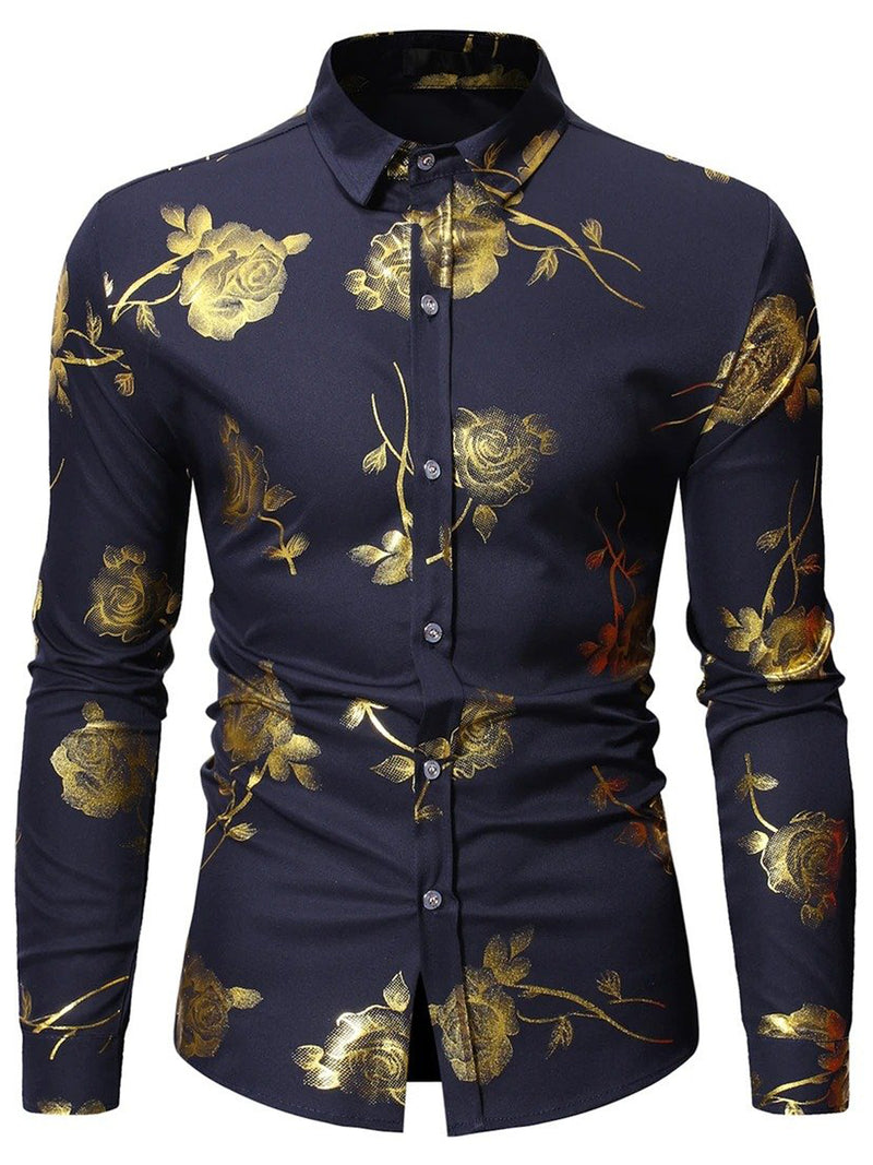 Men's Rose Print Casual Long Sleeve Shirts