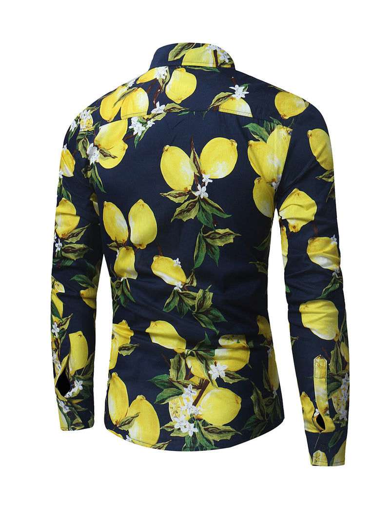 Men's Tropical Lemon Fruit Print Button Up Cotton Long Sleeve Shirt