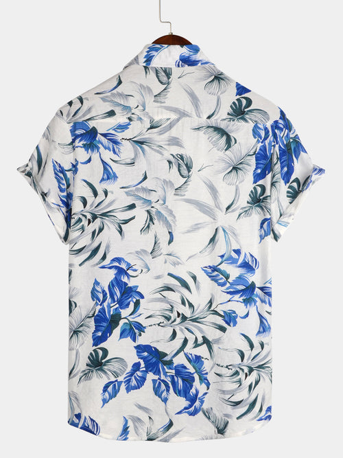 Men's Tropical Blue Leaf Vacation Short Sleeve Summer Button Up Hawaiian Shirt