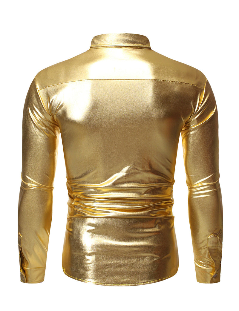 Men's Sequin Metallic Prom Party Button Long Sleeve Shirt