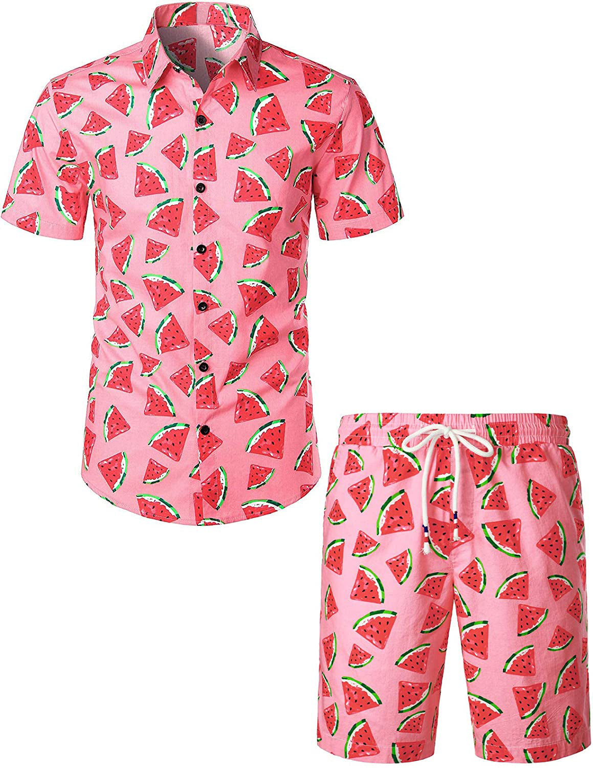 Men's Watermelon Print Cotton Hawaiian Shirt & Shorts Set