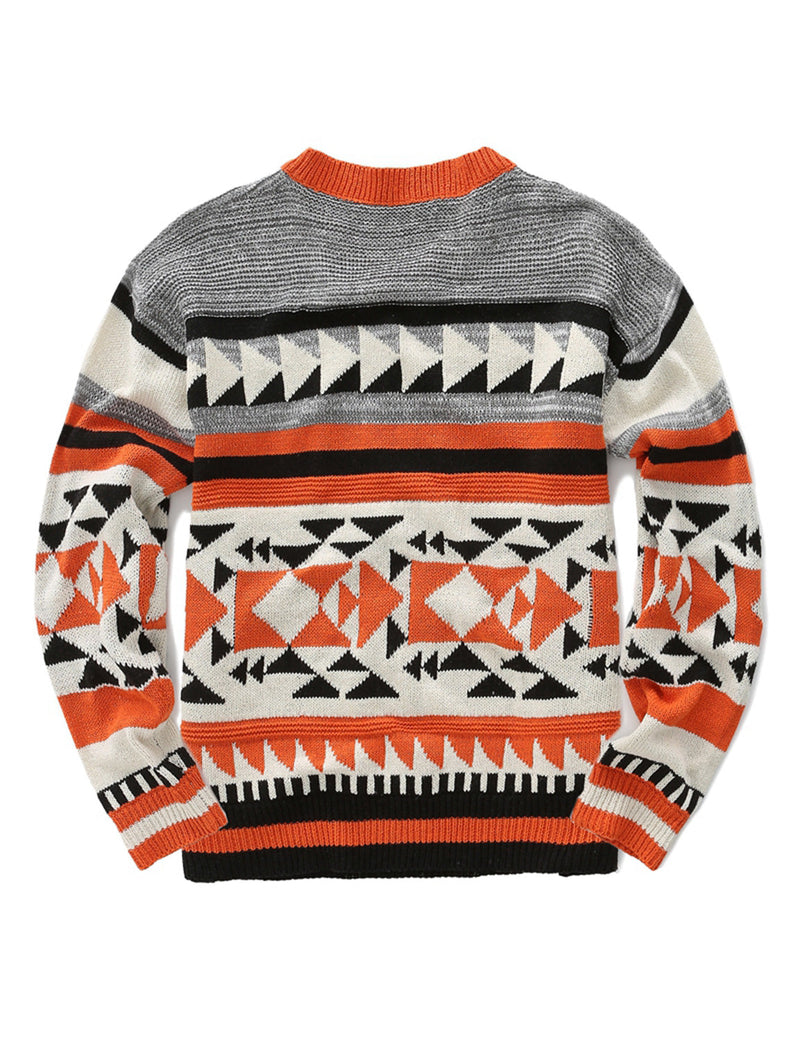 Men's Vintage Casual Orange Striped Long Sleeve V Neck Fall Winter Sweater
