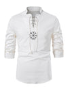 Men's Casual Henley Retro Lace Up Cotton Long Sleeve Shirt Drawstring Top