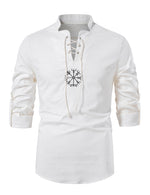 Men's Casual Henley Retro Lace Up Cotton Long Sleeve Shirt Drawstring Top