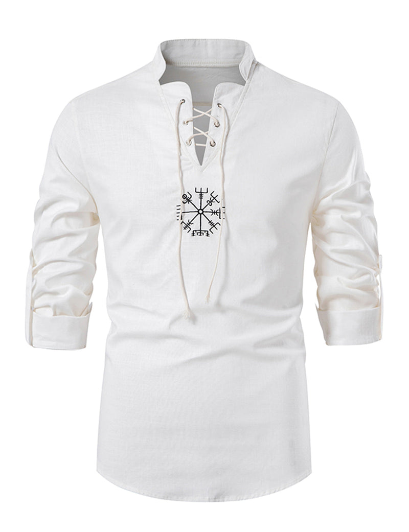 Men's Casual Henley Retro Lace Up Cotton Long Sleeve Shirt Drawstring Top