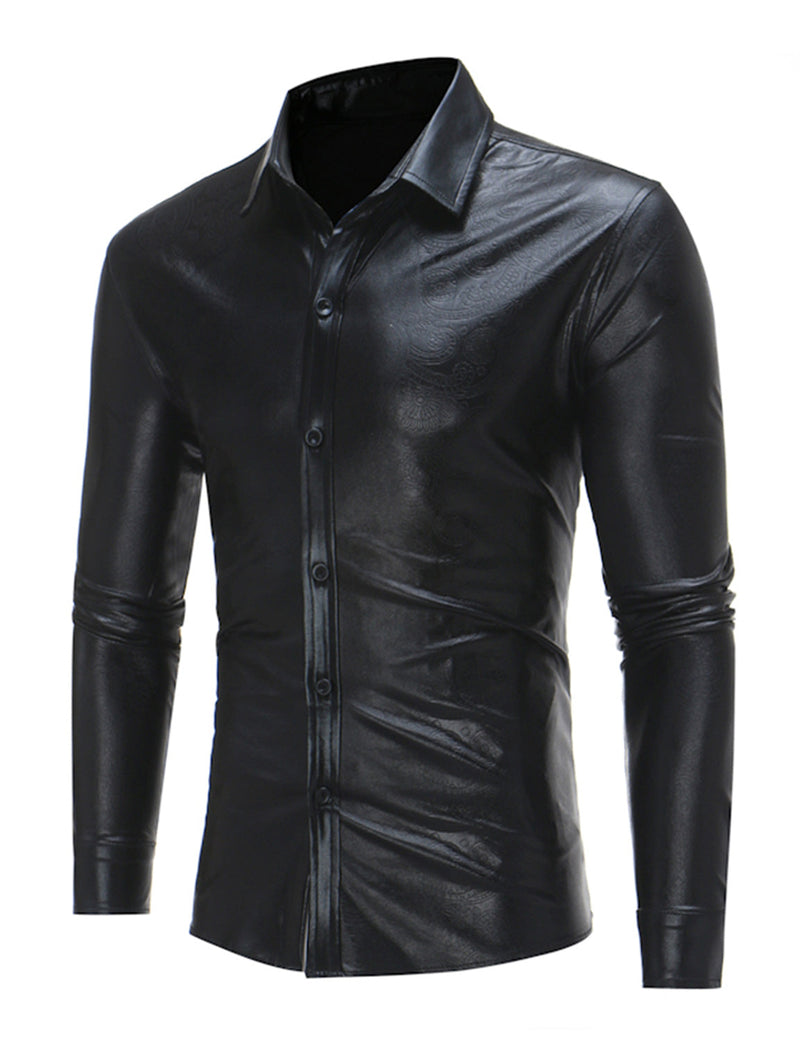 Men's Party Nightclub Button Up Cool Leather Long Sleeve Shirt
