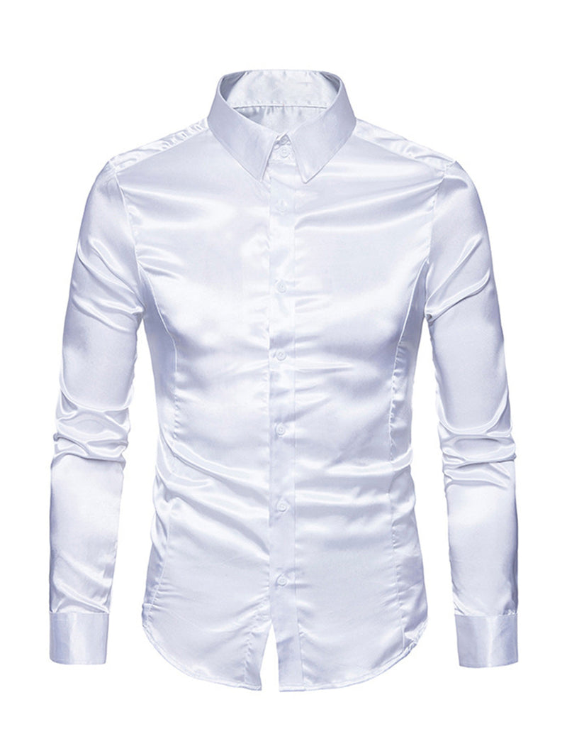 Men's Satin Smooth Button Up Tuxedo Long Sleeve Party Dress Shirt