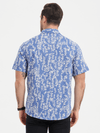 Men's Blue Tropical Leaf Print Top Cotton Button Up Short Sleeve Shirt