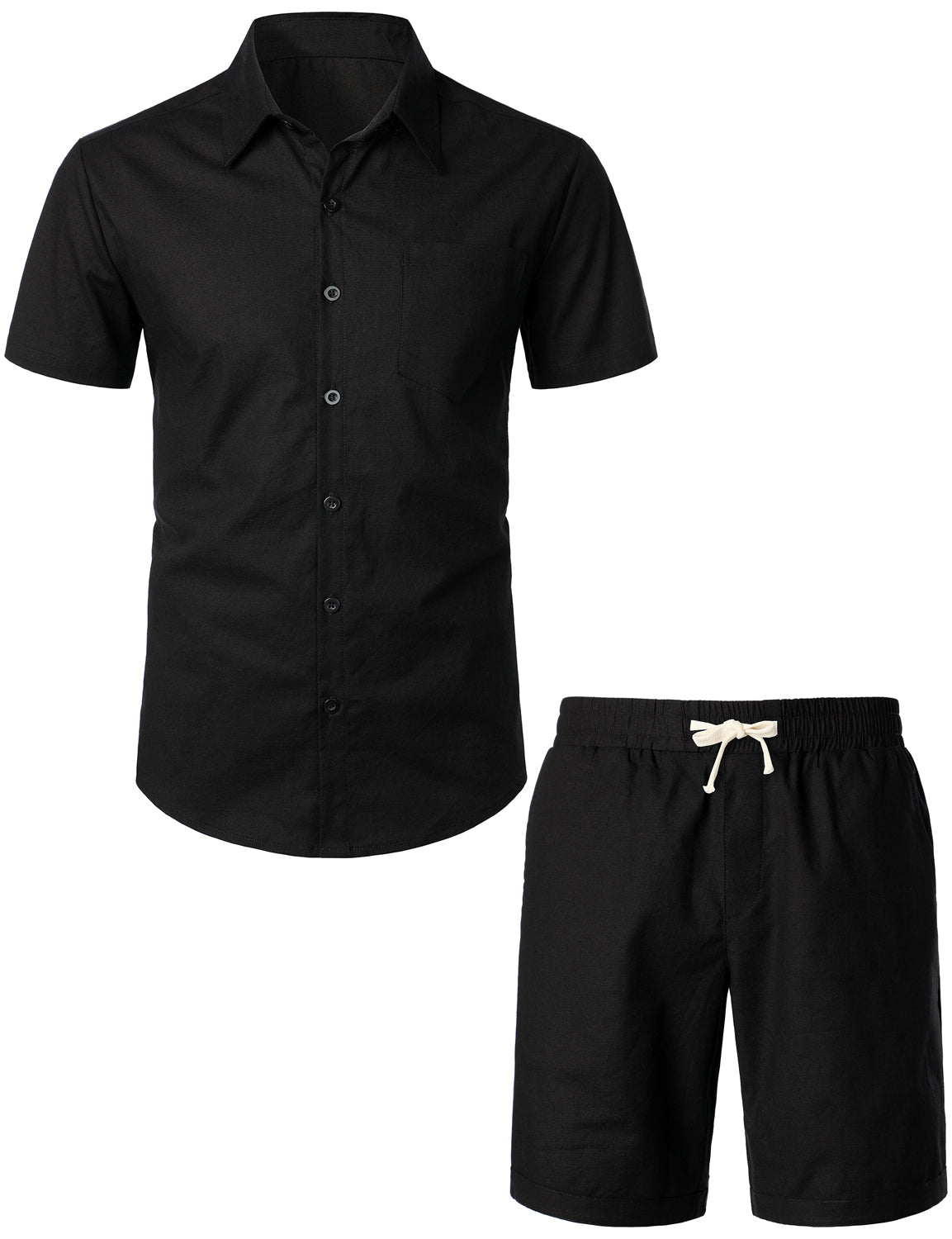 Men's Solid Color Linen Cotton Pocket Short Sleeve Shirts&Shorts