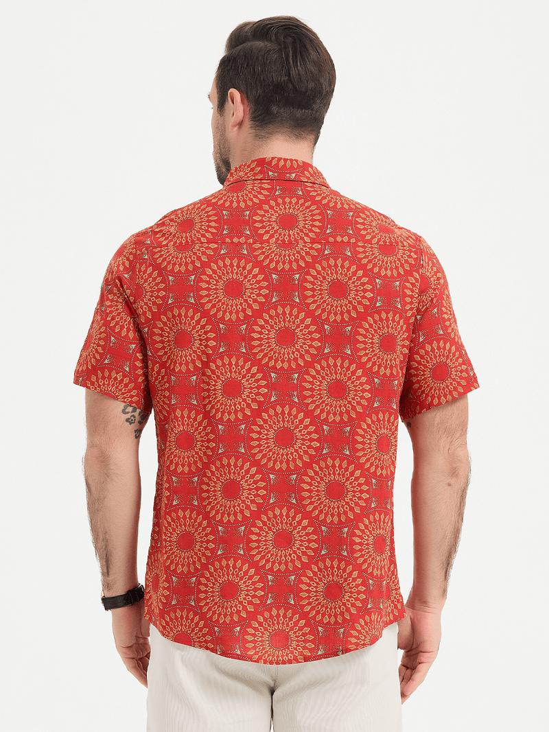 Men's Red Cotton 70s Leisure Vintage Short Sleeve Shirt