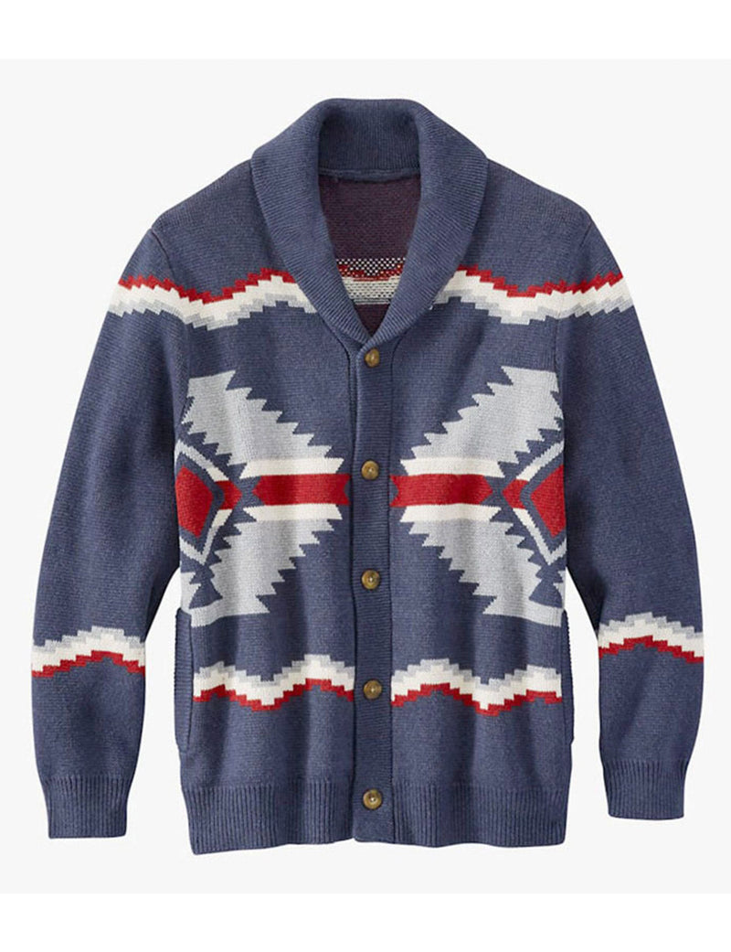 Men's Retro Print Soft Casual Button Fall Winter Navy Blue Cardigan Sweater