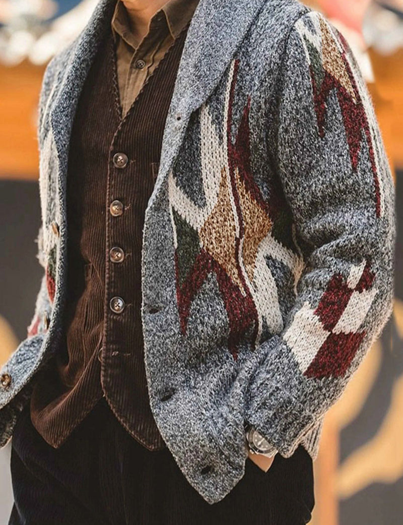 Men's Dark Grey Lapel Button Up Casual Long Sleeve V Neck Sweater Cardigan