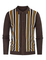 Men's Vintage Striped Button Up Knit Polo Shirt Brown Cardigan Sweater