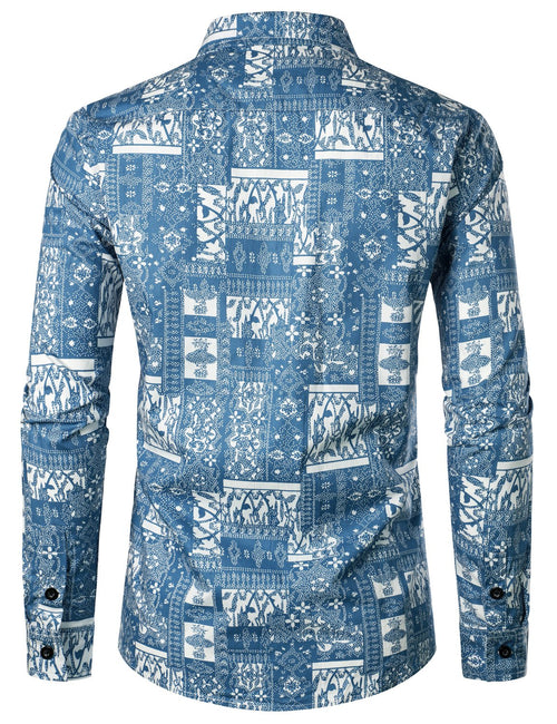 Men's Retro Casual Print Blue Long Sleeve Shirt