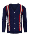 Men's Casual Vintage Striped Button Up Knit Polo Shirt Navy Blue V Neck Cardigan Sweater