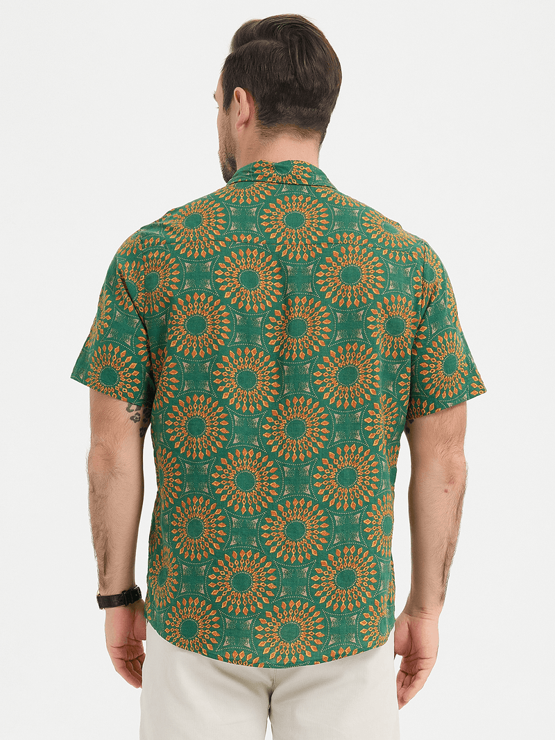 Men's Green Cotton Leisure Vintage 70s Short Sleeve Shirt