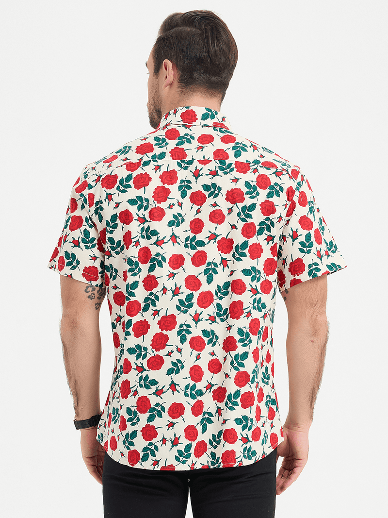 Men's Breathable Beach Summer Rose Print Cotton Button up Beige Short Sleeve Shirt