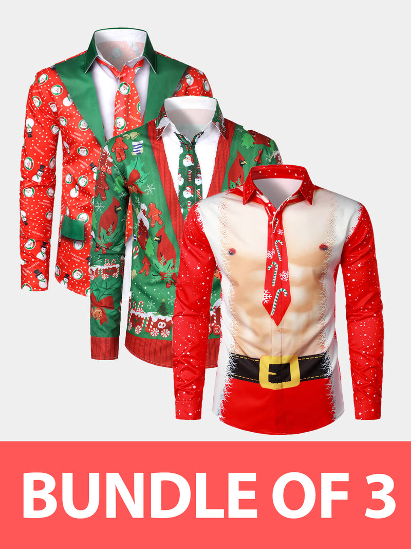 Bundle Of 3|Men's Christmas Print Regular Fit Long Sleeve Shirt