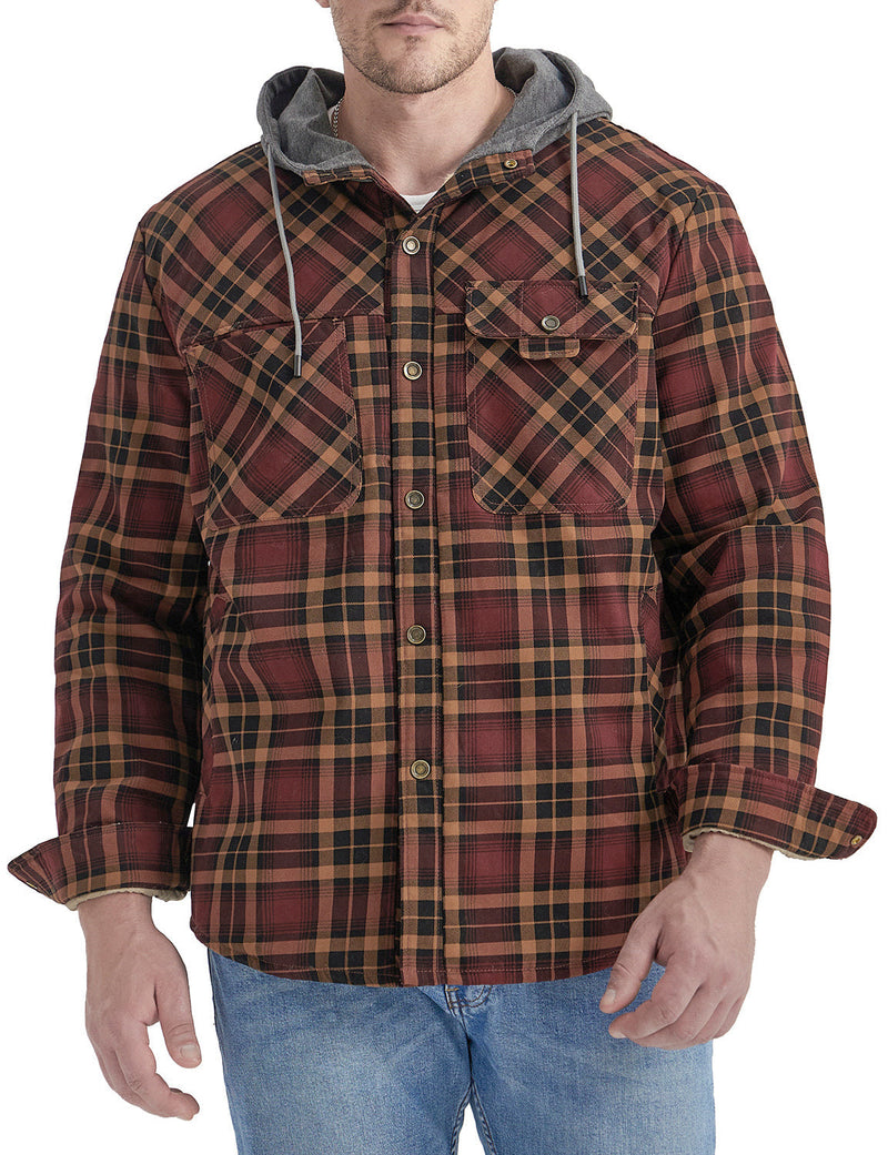 Men's Casual Flannel Lined Long Sleeve Fall Winter Warm Plaid Hooded Shirt Jacket