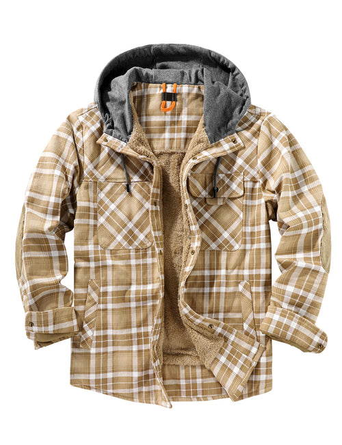 Men's Casual Flannel Lined Long Sleeve Fall Winter Warm Plaid Hooded Shirt Jacket