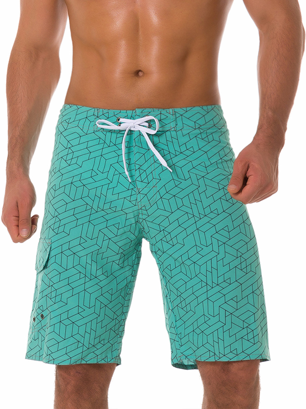 Men's Casual Light Green Flat Waist Hawaiian Shorts Summer Beach Boardshorts