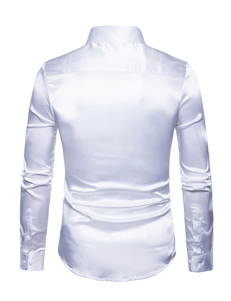 Men's Satin Smooth Button Up Tuxedo Long Sleeve Party Dress Shirt
