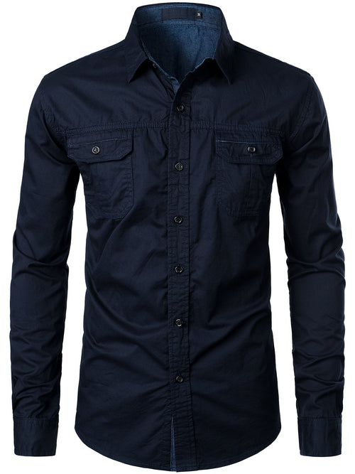 Men's Long Sleeve Lapel Pocket Cotton Army Outdoor Casual Shirt