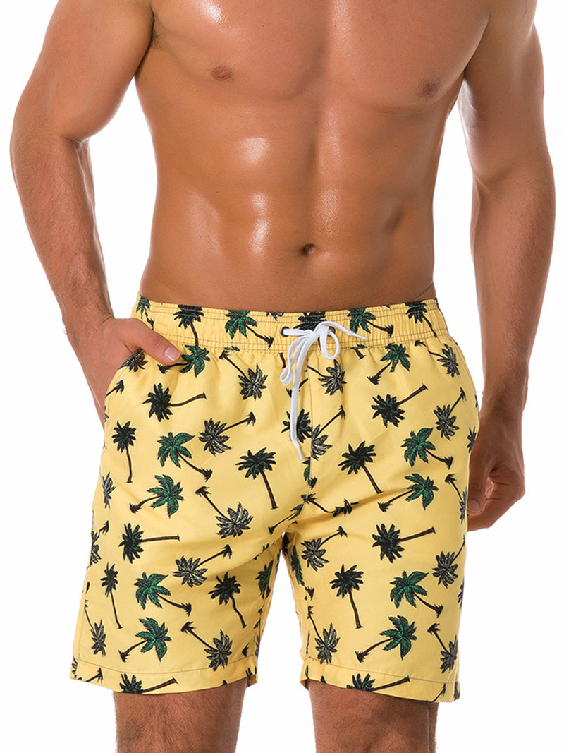 Men's Casual Summer Palm Tree Beach Yellow Shorts Swimming Trunks