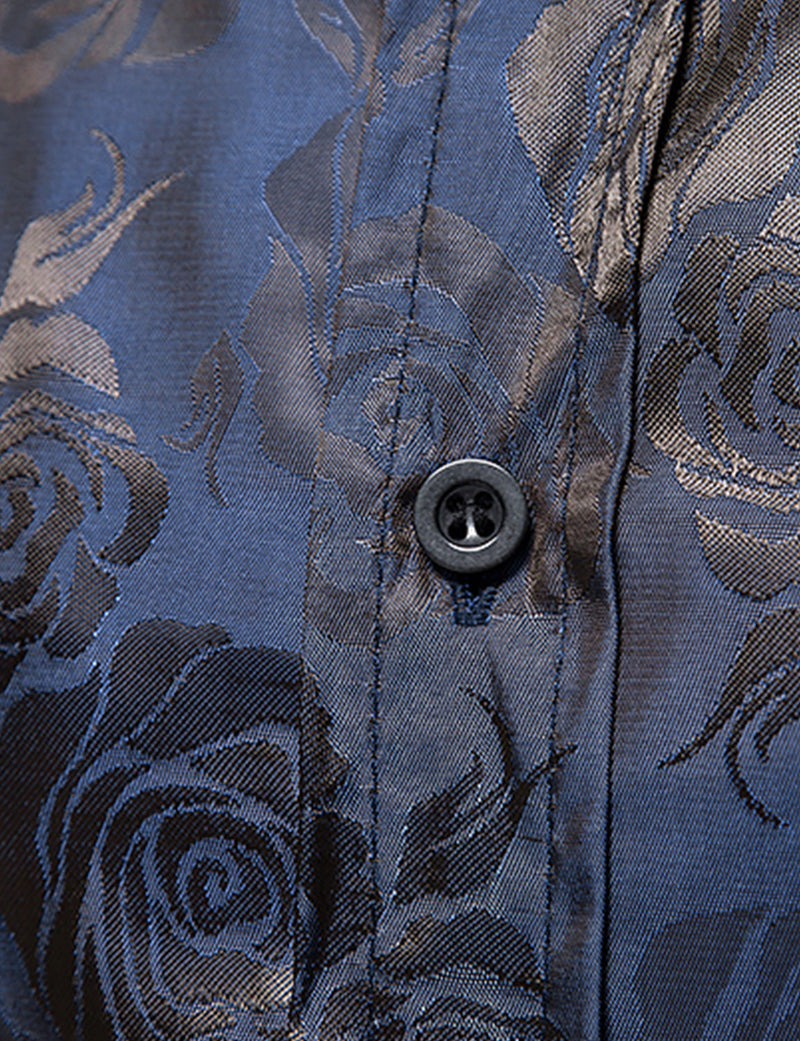 Men's Jacquard Vintage Rose Flower Print Party Prom Long Sleeve Dress Shirt