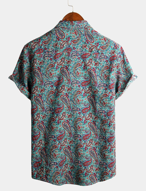 Men's Short Sleeve Classic Paisley Pattern Cotton Shirt