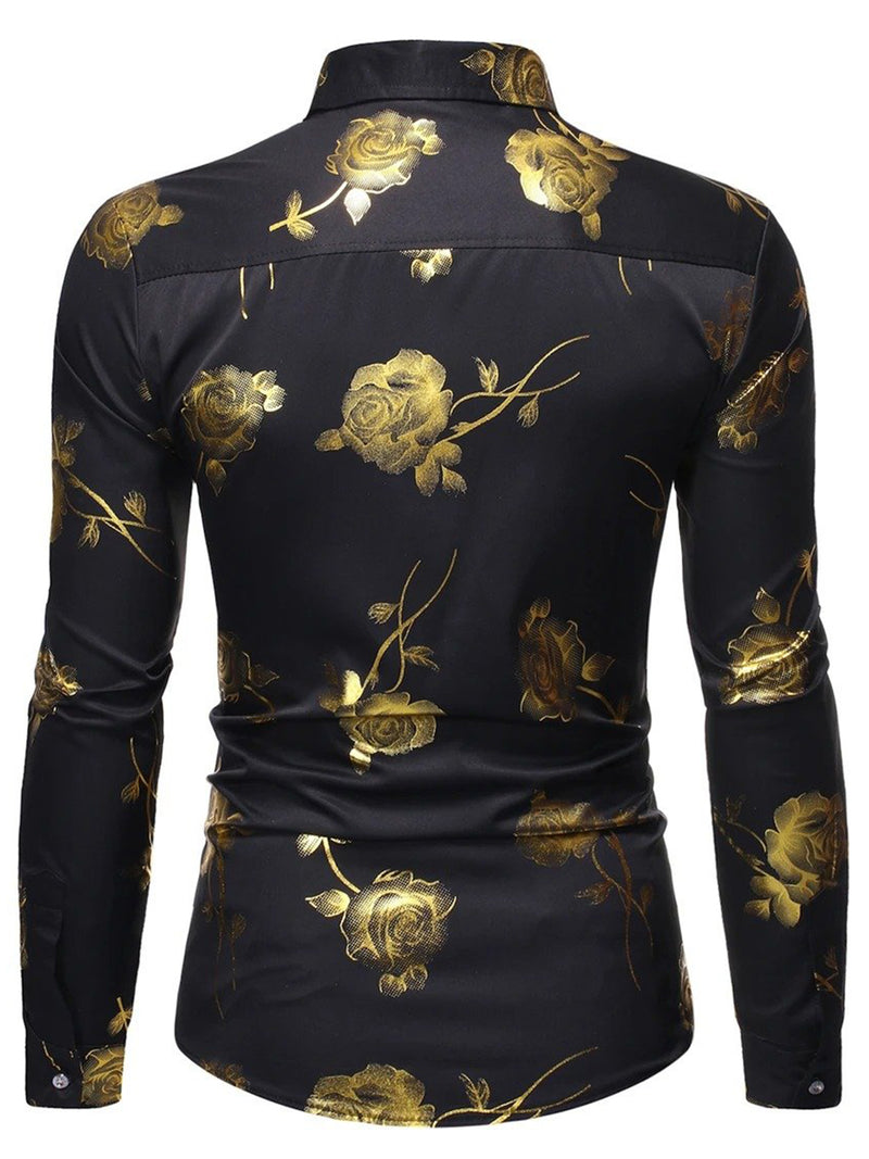 Men's Rose Print Casual Long Sleeve Shirts