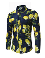 Men's Tropical Lemon Fruit Print Button Up Cotton Long Sleeve Shirt