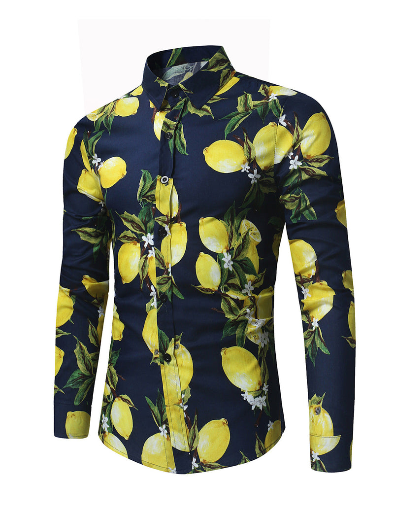 Men's Tropical Lemon Fruit Print Button Up Cotton Long Sleeve Shirt