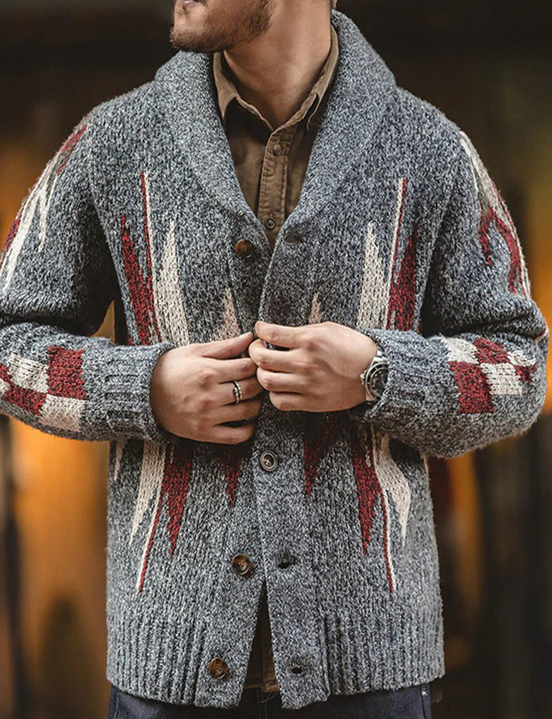 Men's Dark Grey Lapel Button Up Casual Long Sleeve V Neck Sweater Cardigan
