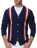 Men's Casual Vintage Striped Button Up Knit Polo Shirt Navy Blue V Neck Cardigan Sweater