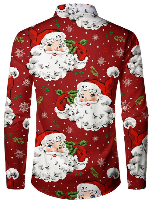 Men's Vintage Santa Claus Print Fancy Red Xmas Christmas Long Sleeve Shirt