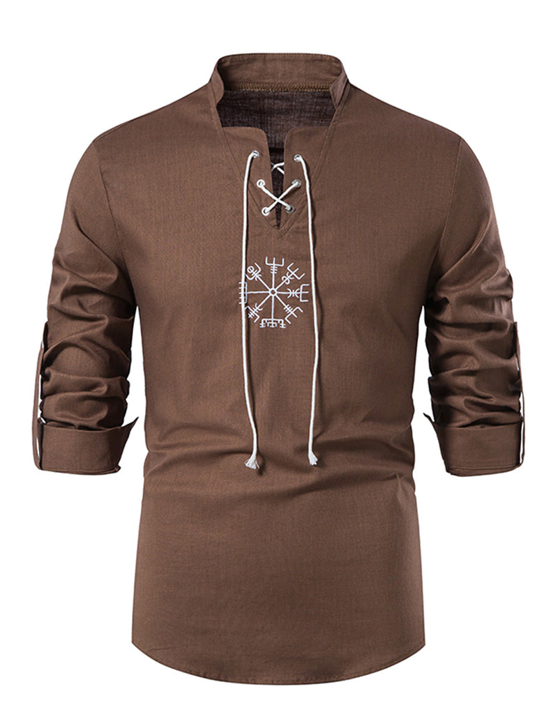 Men's Casual Henley Retro Lace Up Cotton Long Sleeve Shirt Drawstring Top