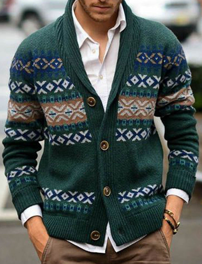 Men's Green Western Pattern Button Up Fall Winter Long Sleeve Cardigan Sweater