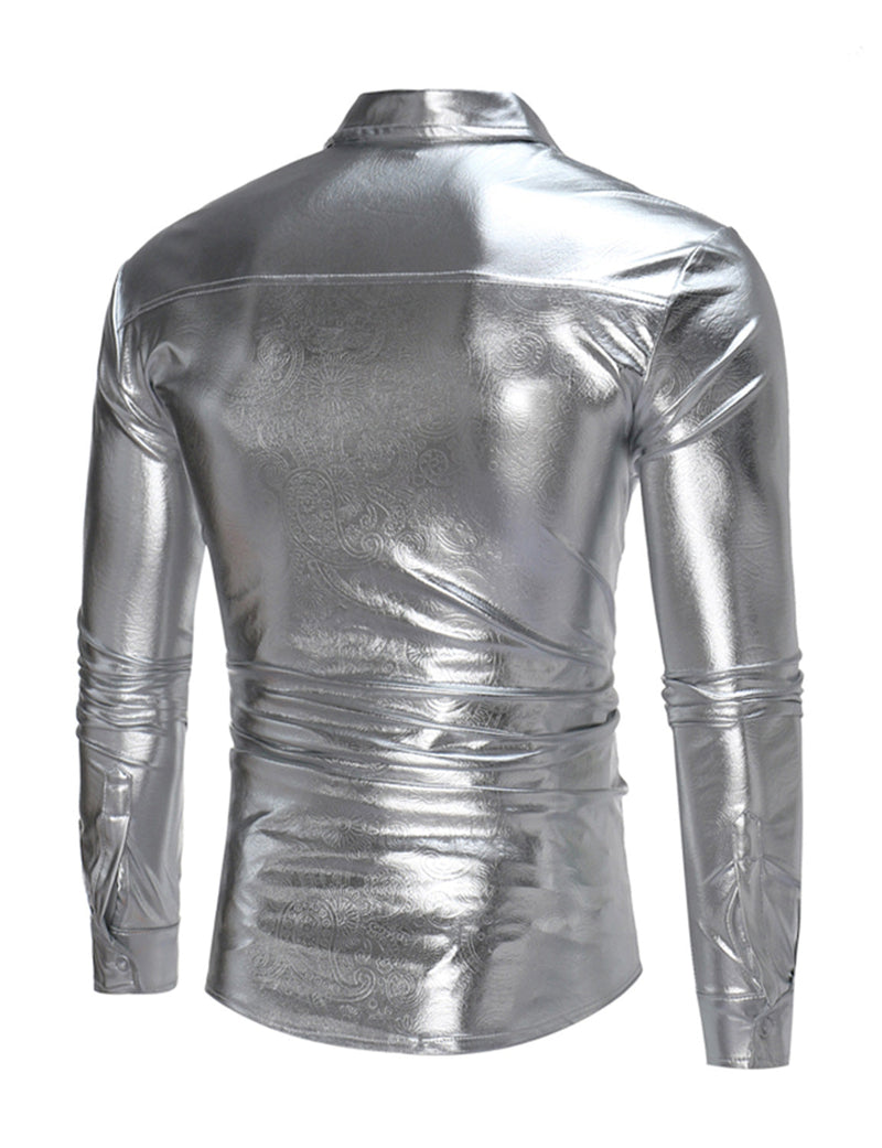 Men's Party Nightclub Button Up Cool Leather Long Sleeve Shirt