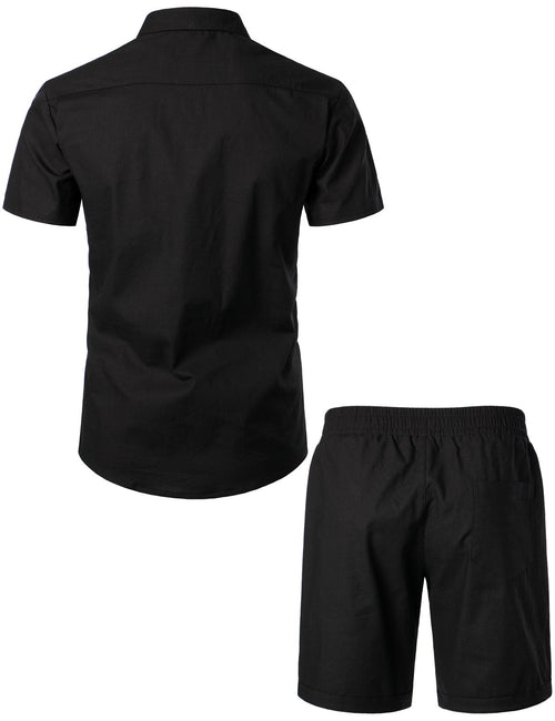 Men's Solid Color Linen Cotton Pocket Short Sleeve Shirts&Shorts