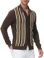 Men's Vintage Striped Button Up Knit Polo Shirt Brown Cardigan Sweater