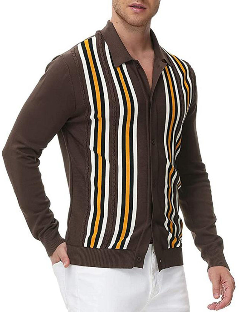 Men's Vintage Striped Button Up Knit Polo Shirt Brown Cardigan Sweater