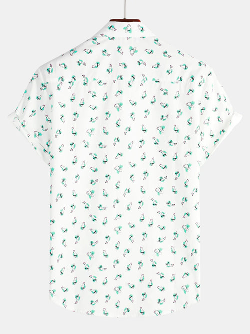 Men's Cotton Parrot Print Cute Animal Breathable Vacation Casual Short Sleeve Shirt