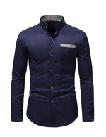 Men's Stand Collar Solid Plaid Pocket Button Up Long Sleeve Shirt